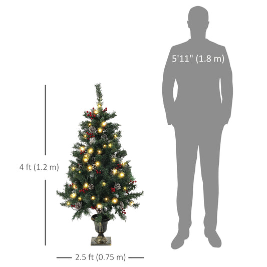 HOMCOM 4FT Pre-Lit Decorated Christmas Tree with Red Berries and Pine Cones Snow Flocked Christmas Tree with LED Lights Green