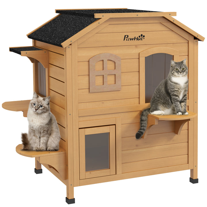 PawHut 2-Storey Outdoor Cat House, Wooden Catio with Openable Roof, Lounge Space, Fun Entrances, for Feral Cats, Yellow