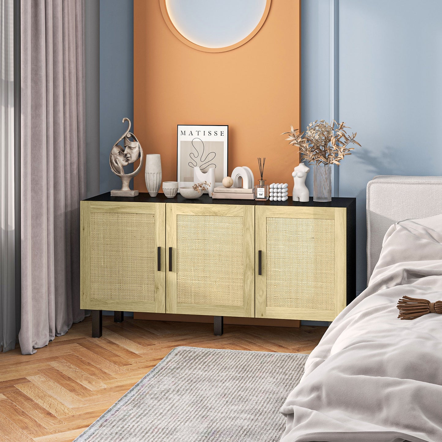 HOMCOM Boho Sideboard Buffet Cabinet with 3 Rattan Doors, Kitchen Cabinet with Adjustable Shelves, Black and Natural