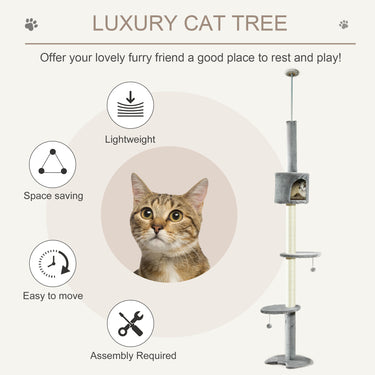 PawHut 4-Tier Floor to Ceiling Cat Tree, Tall Cat Tower with Scratching Post, Plush Padding, Toy Ball, Cat Condo for Indoor Cats, Light Grey