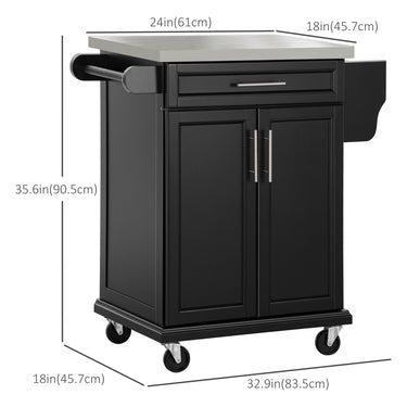 HOMCOM Kitchen Island with Stainless Steel Top, Rolling Kitchen Cart on Wheels with Storage Drawer, Cabinet, Towel Rack and Spice Rack (Black)