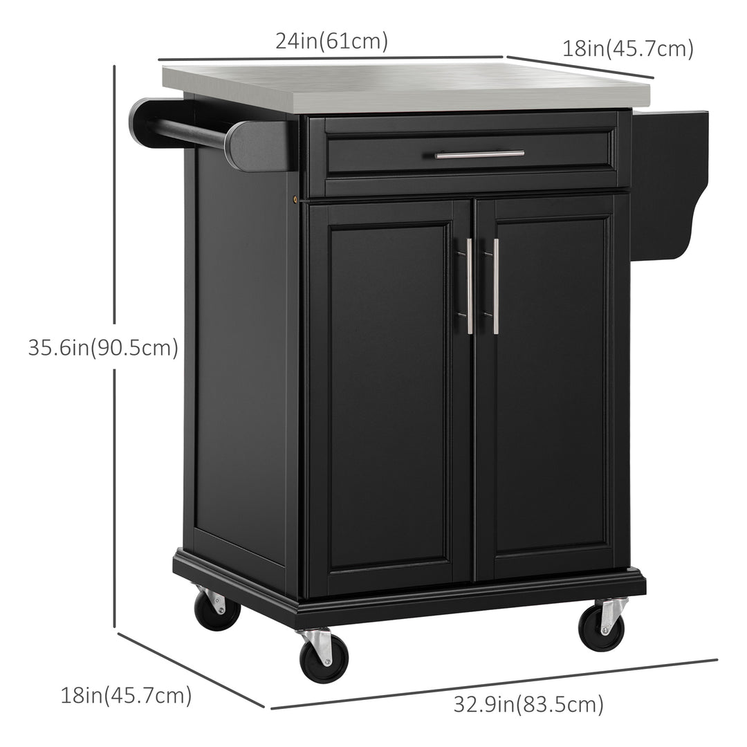 HOMCOM Kitchen Island with Stainless Steel Top, Rolling Kitchen Cart on Wheels with Storage Drawer, Cabinet, Towel Rack and Spice Rack (Black)