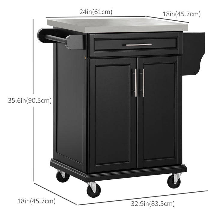 HOMCOM Kitchen Island with Stainless Steel Top, Rolling Kitchen Cart on Wheels with Storage Drawer, Cabinet, Towel Rack and Spice Rack (Black)