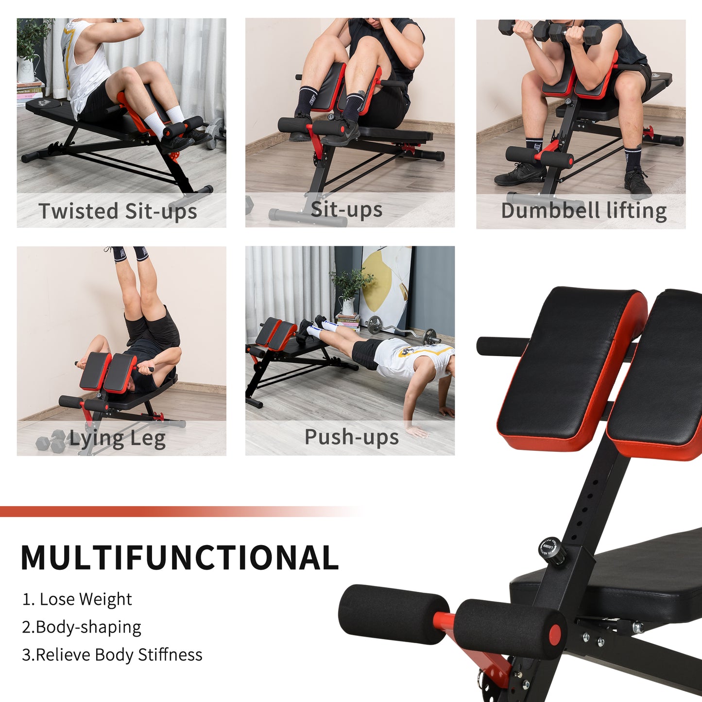 Soozier Adjustable Weight Bench Roman Chair Exercise Training Multi-Functional Hyper Extension Bench Dumbbell Bench Ab Sit up Decline Flat Black and Red