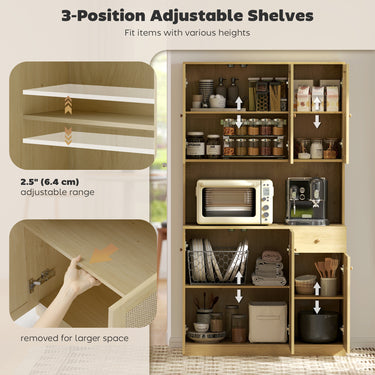 HOMCOM Kitchen Hutch with Microwave Countertop, 71" Boho Kitchen Pantry Cabinet with Decorative Rattan Doors, Natural