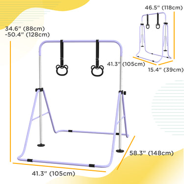 Qaba Kids Gymnastics Bar, Adjustable Height Folding Horizontal Bar with Gymnastics Rings, Non-slip Rubber Floor Rings, Purple