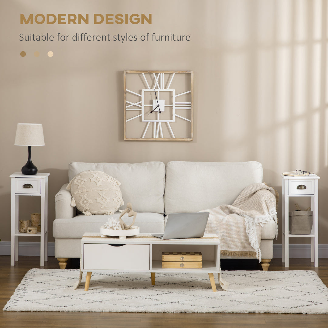 HOMCOM 2 Tier Side Table, Set of 2, Narrow Tall End Table with Drawer and Shelf, Slim Wooden Nightstand for Living Room, Bedroom, Hallway, White