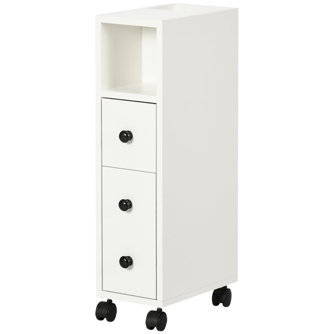 kleankin Slim Bathroom Cabinet with Wheels, Narrow Bathroom Storage Cabinet with Door, Drawer and 2 Open Compartments, White