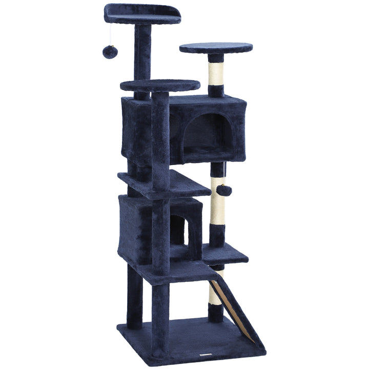 PawHut 54" Cat Tree, Multi-Level Cat Tower with Scratching Posts, Cat Condos, Bed, Platforms, Ramp, Toy Ball, Dark Blue