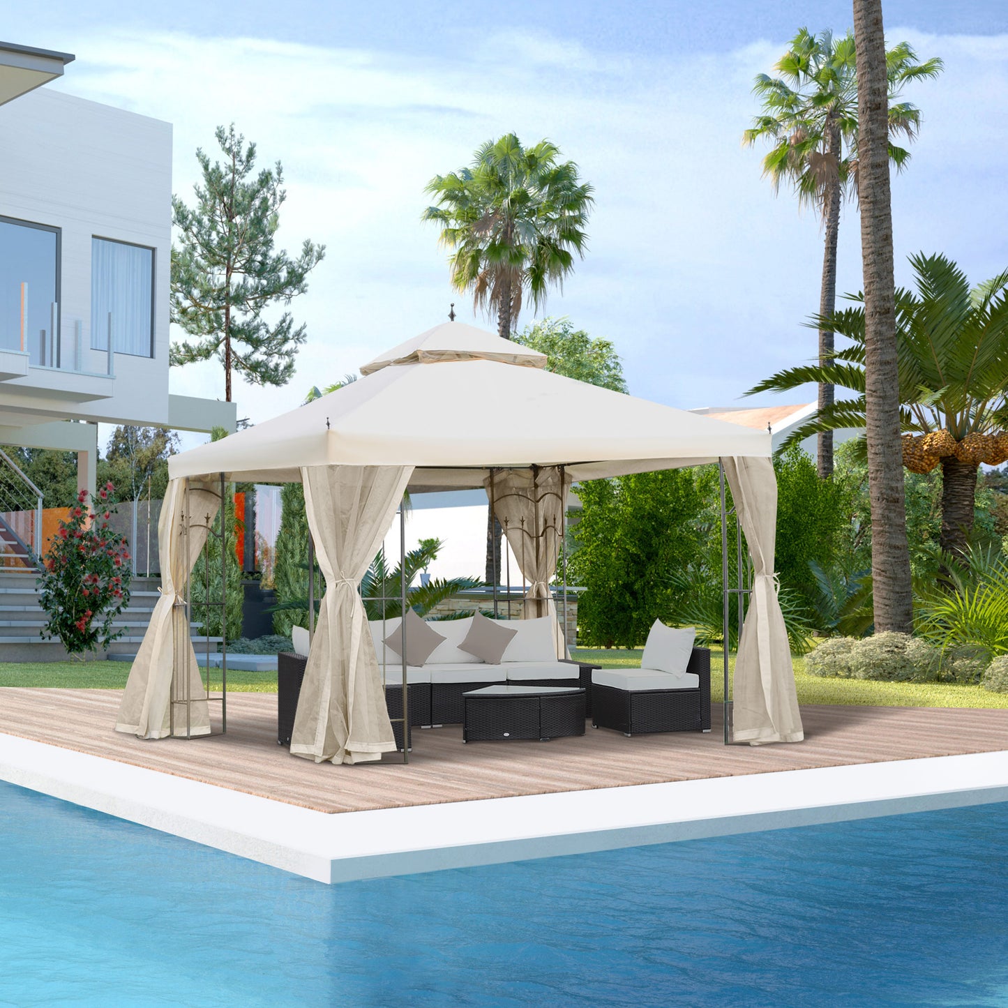 Outsunny 10' x 10' Steel Outdoor Patio Gazebo Canopy with Removable Mesh Curtains, Display Shelves, & Steel Frame, Grey
