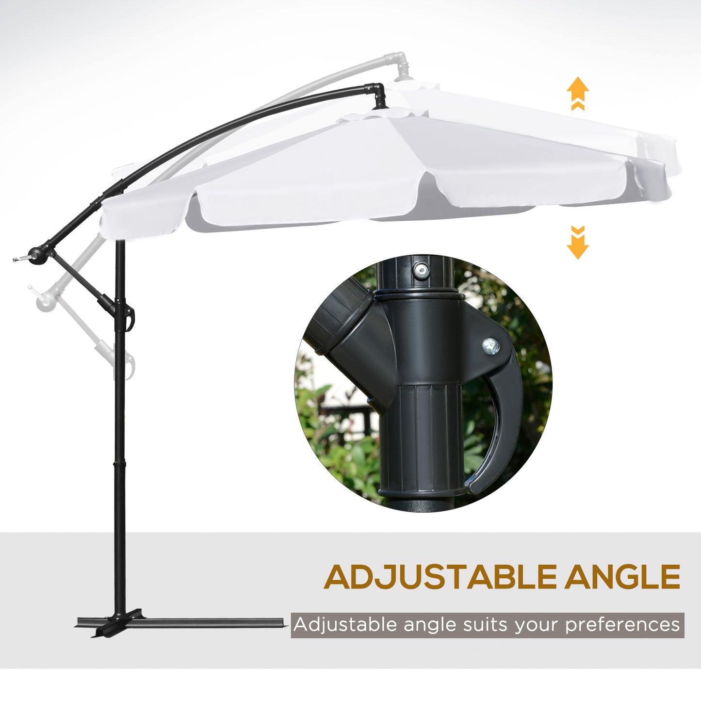 Outsunny 9FT Offset Hanging Patio Umbrella Cantilever Umbrella with Easy Tilt Adjustment, Cross Base and 8 Ribs for Backyard, Poolside, Lawn and Garden, White