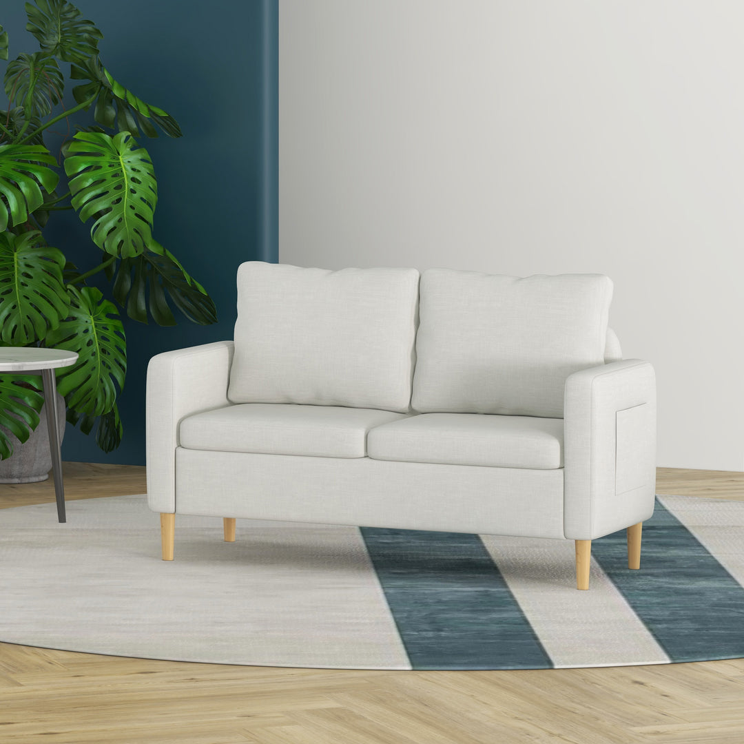 HOMCOM 56" 2 Seat Sofa, Modern Love Seats Furniture, Upholstered 2 Seater Couch with Side Pockets, Solid Steel Frame, White