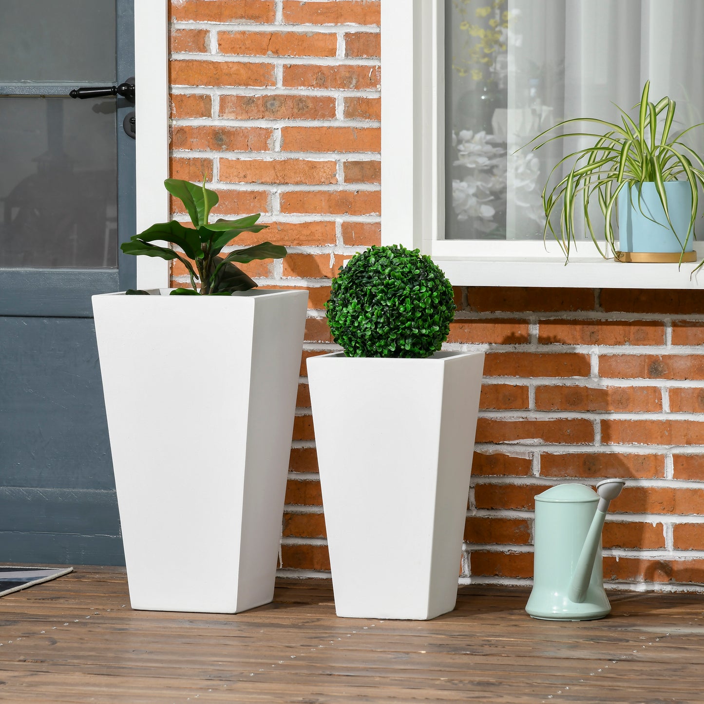 Outsunny Set of 2 Tall Planters with Drainage Holes, 22" / 18" Outdoor Flower Pots for Patio, Yard, Garden, Grey