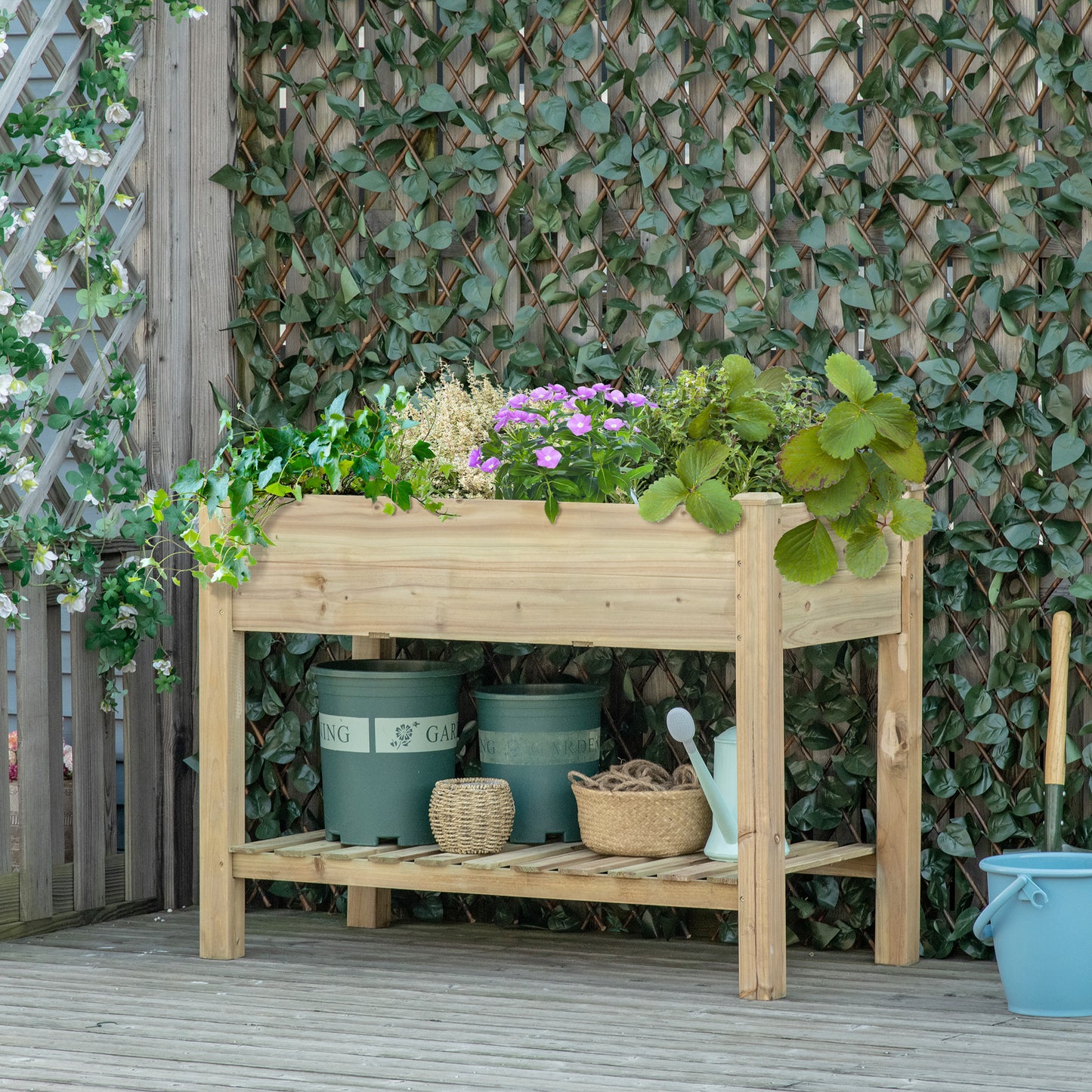 Outsunny 45" x 22" x 33" Elevated Planter Box w/ Legs and Storage Shelf, Raised Garden Bed, Elevated Wooden Planter Box, Gardening Standing Growing Bed for Backyard Patio Balcony