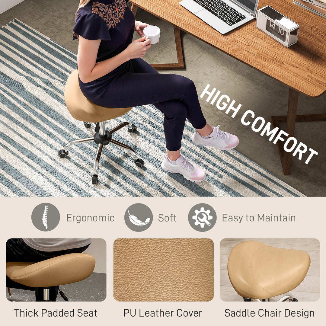 HOMCOM Saddle Stool, Height Adjustable Rolling Salon Chair with PU Leather for Massage, Spa, Clinic, Beauty and Tattoo, White