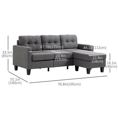 HOMCOM L-shaped Sofa, 3 Seater Couch with Ottoman, Corner Sofa with Thick Padded Cushion and Wood Legs, Dark Grey