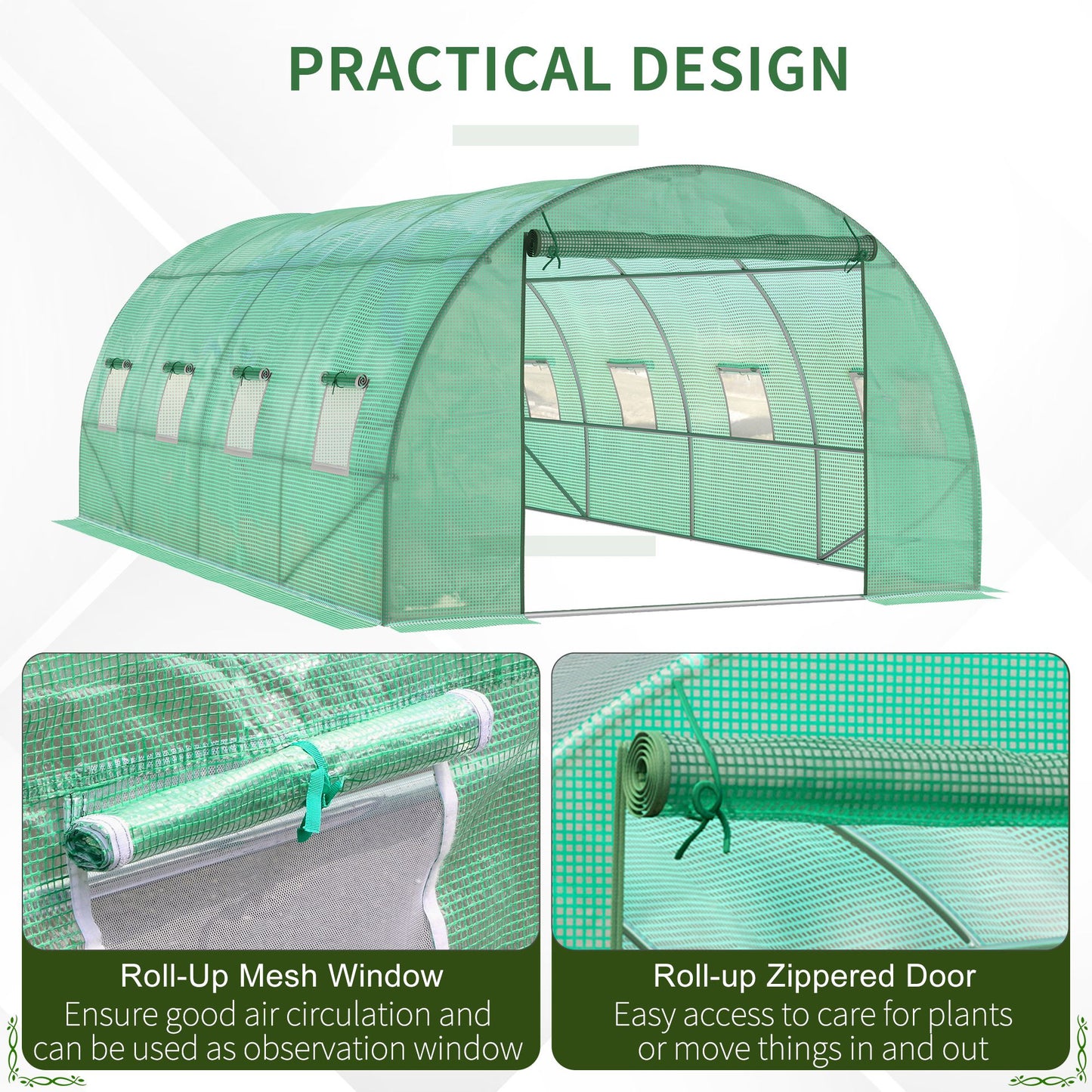 Outsunny Walk-in Tunnel Greenhouse, 13 x 6.4 x 6.5 ft Hoop House with Zipped Roll-Up Door and 8 Mesh Windows, Outdoor Greenhouse with Galvanised Steel Frame, Green
