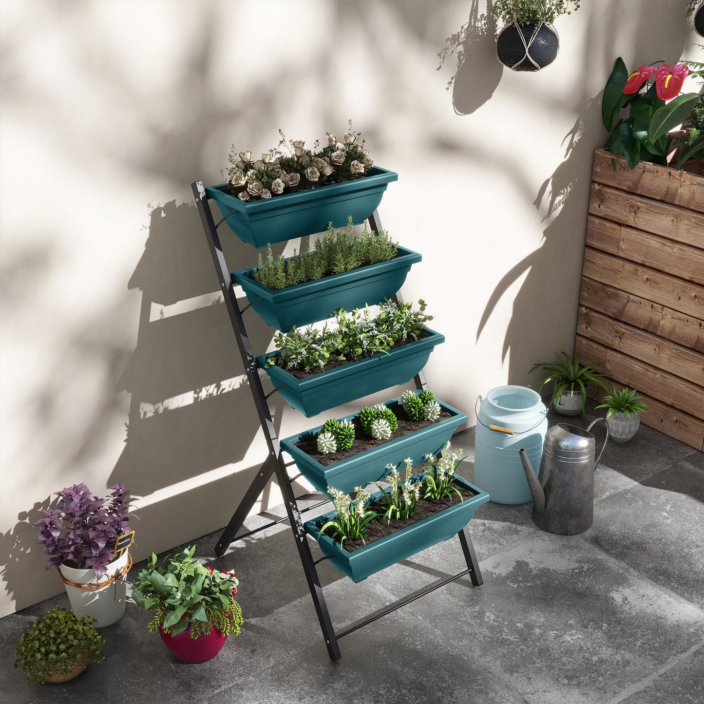 Outsunny 5-Tier Raised Garden Bed with 5 Planter Box, Outdoor Plant Stand Grow Containers with Leaking Holes, Brown