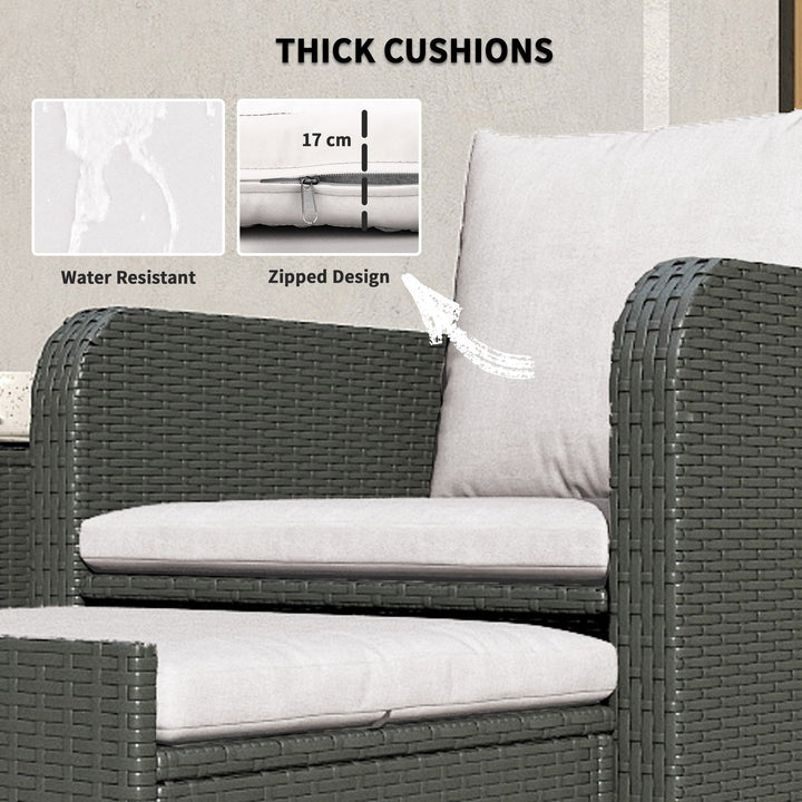 Outsunny 5 Piece Rattan Balcony Furniture Set, Wicker Outdoor Furniture Set with 2-Tier Coffee Table, Ottomans, Grey, Cream White