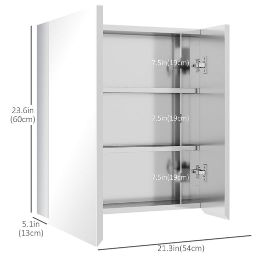 kleankin Wall Mounted Medicine Cabinet with Mirror Wall Mirror Cabinet with Hinged Doors 3-Tier Storage Shelves Silver