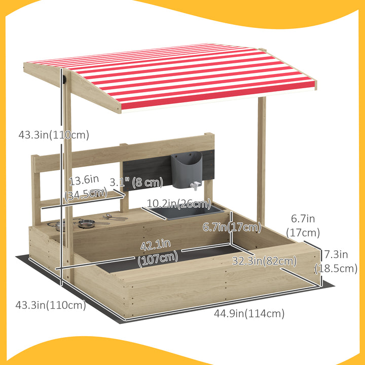 Outsunny Kids Sandbox with Cover Kitchen Playset Toys, Wooden Sand Box with Seat, Storage, for 3-7 Years Old, Grey
