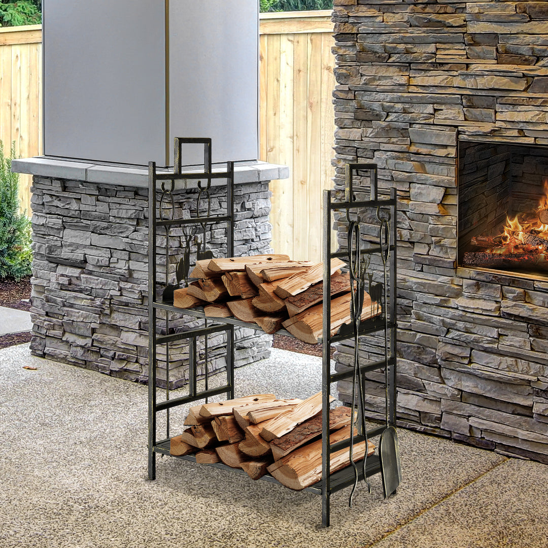 Outsunny 2-Layer Heavy Duty Firewood Rack Wood Log Fireplace Stacker  w/ 4 Tools, Black and Gold