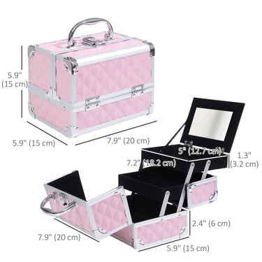 HOMCOM 3 Tier Diamond Texture Makeup Case Train Case Cosmetic Organizer with Mirror, Pink