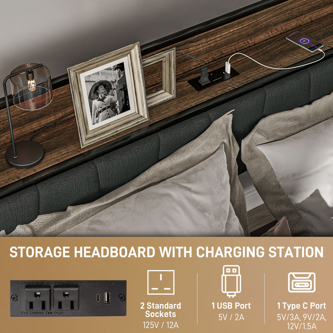 HOMCOM Full Size Bed Frame with Charging Station, Full Bed Frame with Upholstered Headboard and Storage Shelf, Walnut