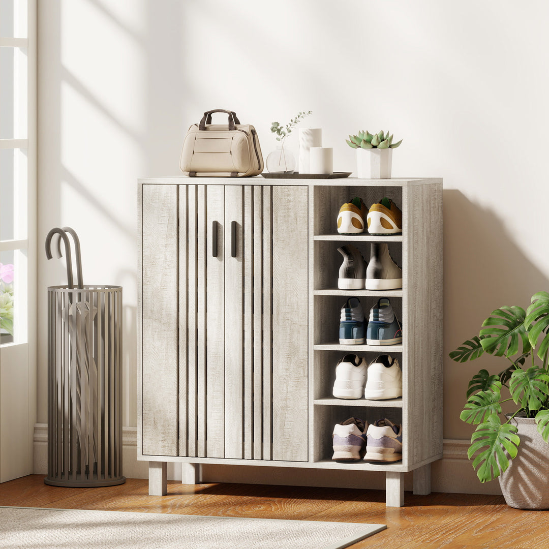 HOMCOM Shoe Storage with Double Doors and Open Shelves 17 Pair Shoe Storage Organizer for Entryway Hallway Walnut