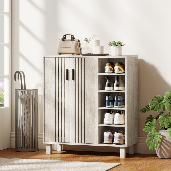 HOMCOM Shoe Storage with Double Doors and Open Shelves 17 Pair Shoe Storage Organizer for Entryway Hallway Walnut