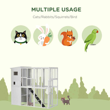 PawHut 68.7" H Cat Cage Large Wooden Outdoor Cat House with Large Run for Play, Catio for Lounging, and Condo Area for Sleeping, White