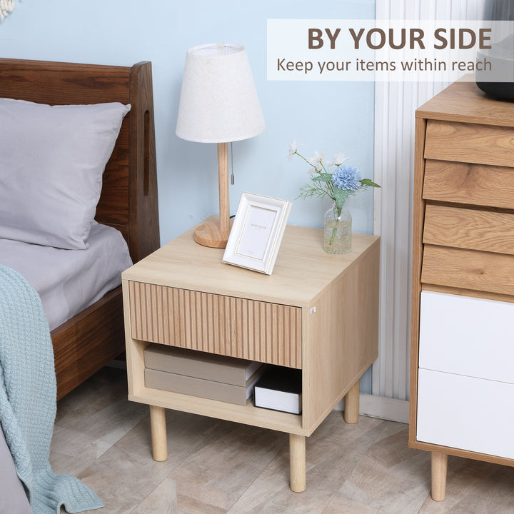 HOMCOM Modern Bedside Table with Drawer and Open Shelf, Sofa Side Table for Bedroom Living Room, Natural