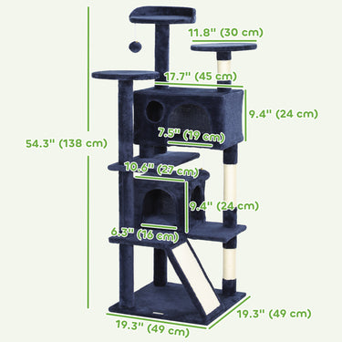 PawHut 54" Cat Tree, Multi-Level Cat Tower with Scratching Posts, Cat Condos, Bed, Platforms, Ramp, Toy Ball, Dark Blue