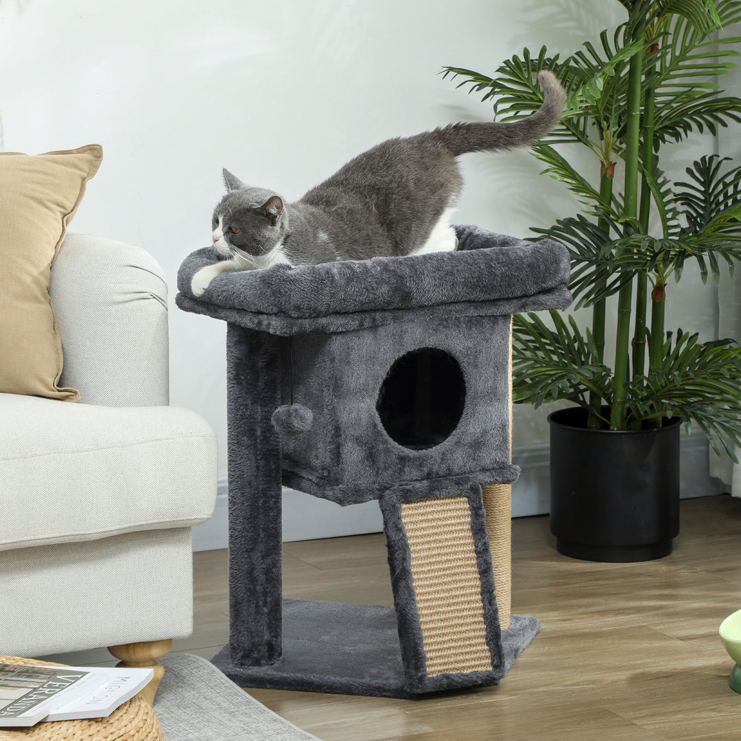 PawHut Cat Tree, Small Cat Tower with Perch, Scratching Post, Cat Condo, Toy Ball for Kitty, Indoor Use, Grey
