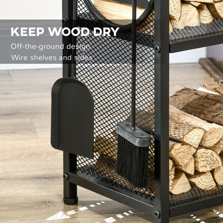 Outsunny 2-Tier Firewood Rack with Shovel, Broom, Poker, Tongs, Side Hooks, Log Holder for Fireplace, Outdoor Indoor Wood Storage Stacker, 21.7" x 12.6" x 30.3", Black