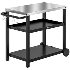 Outsunny 3-Shelf Outdoor Grill Dining Cart Pizza Oven Stand with Stainless Steel Top, Movable BBQ Food Prep Table Outdoor Kitchen Island with Hooks Wheels Handle, Charcoal Grey