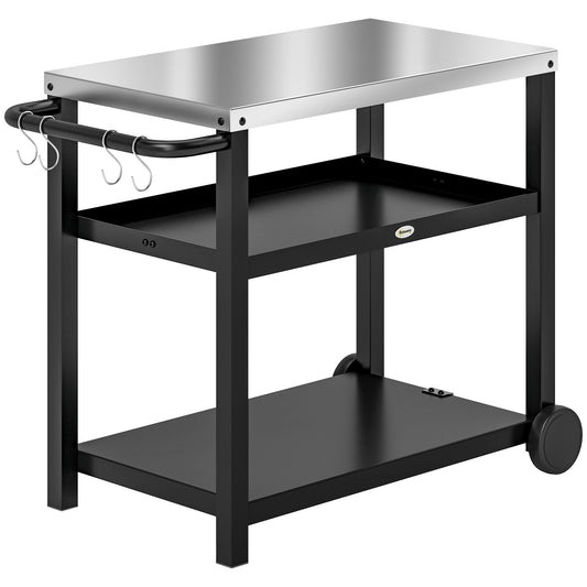 Outsunny 3-Shelf Outdoor Grill Dining Cart Pizza Oven Stand with Stainless Steel Top, Movable BBQ Food Prep Table Outdoor Kitchen Island with Hooks Wheels Handle, Charcoal Grey