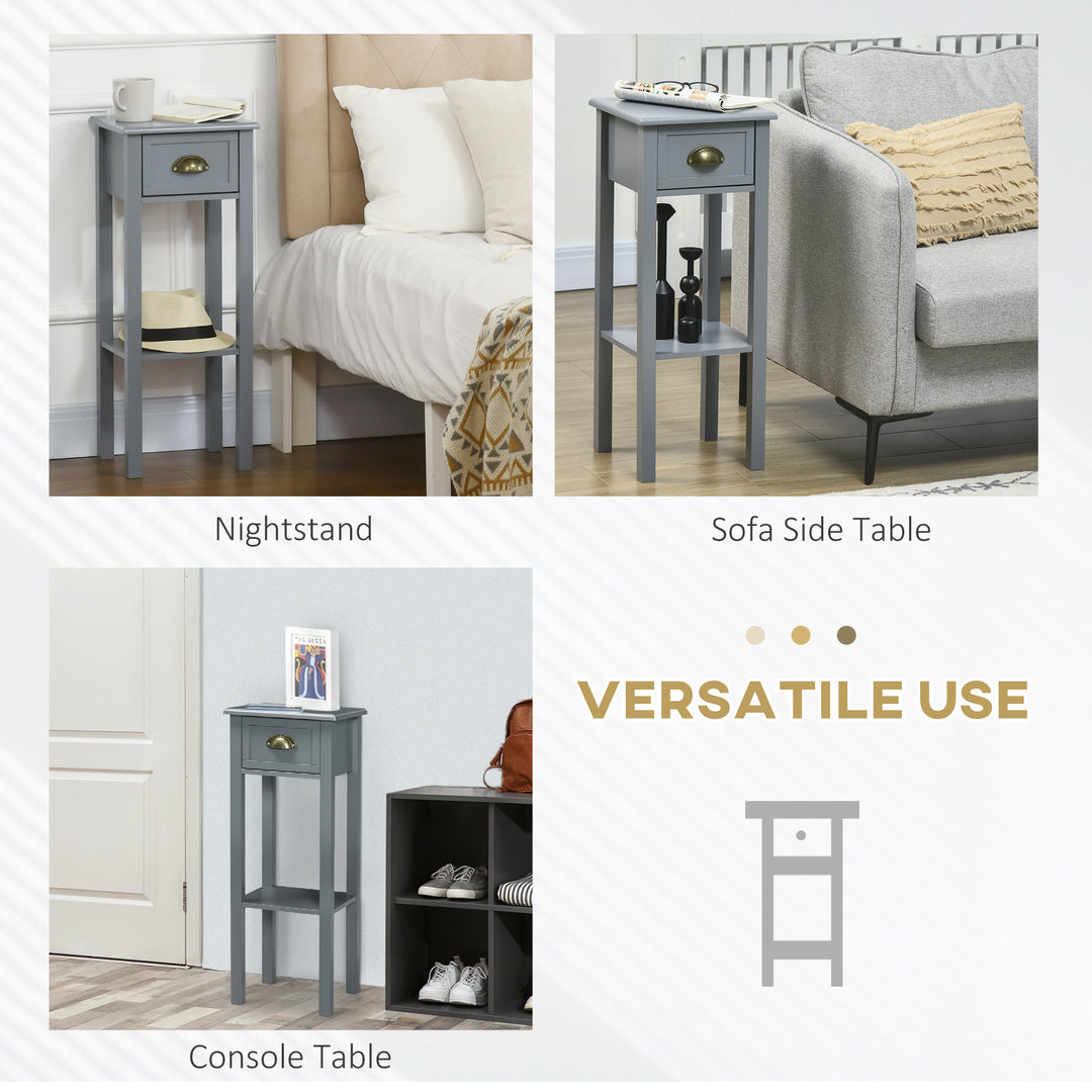 HOMCOM 2 Tier Side Table, Set of 2, Narrow Tall End Table with Drawer and Shelf, Slim Wooden Nightstand for Living Room, Bedroom, Hallway, White