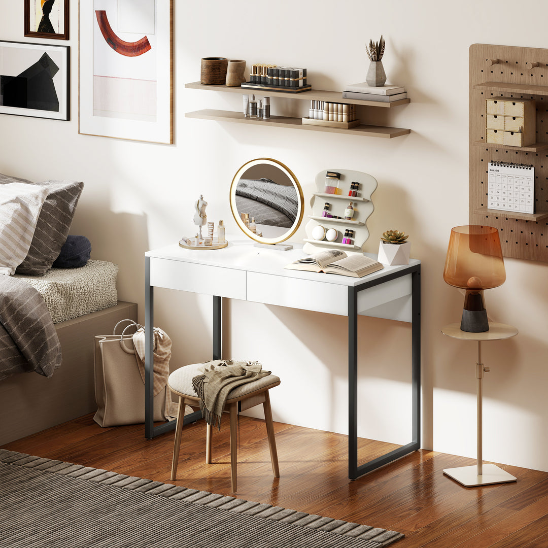 HOMCOM High Gloss Home Office Desk, 39" x 20" Computer Desk with 2 Drawers for Small Spaces, White and Grey