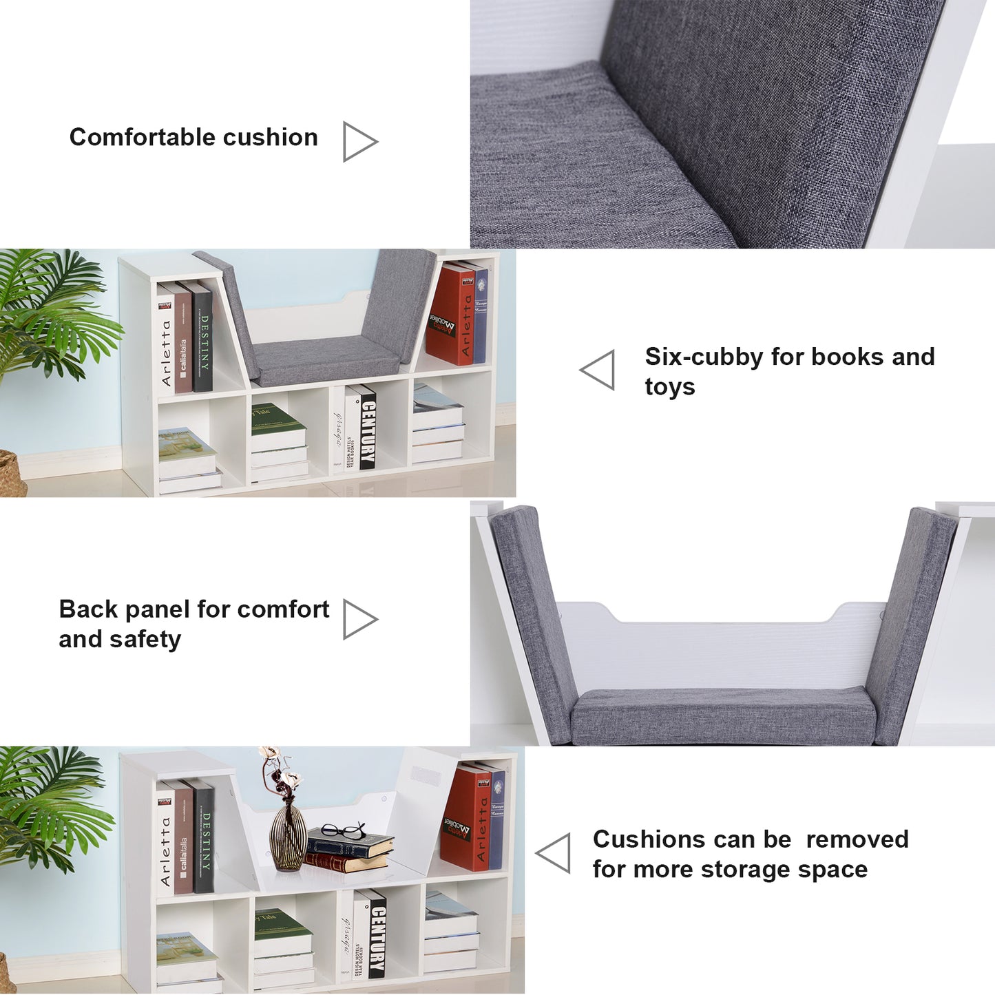 HOMCOM 6-Cubby Bookcase with Seat Cushion, Cube Storage Shelf with Reading Nook for Home Office, Study, Grey