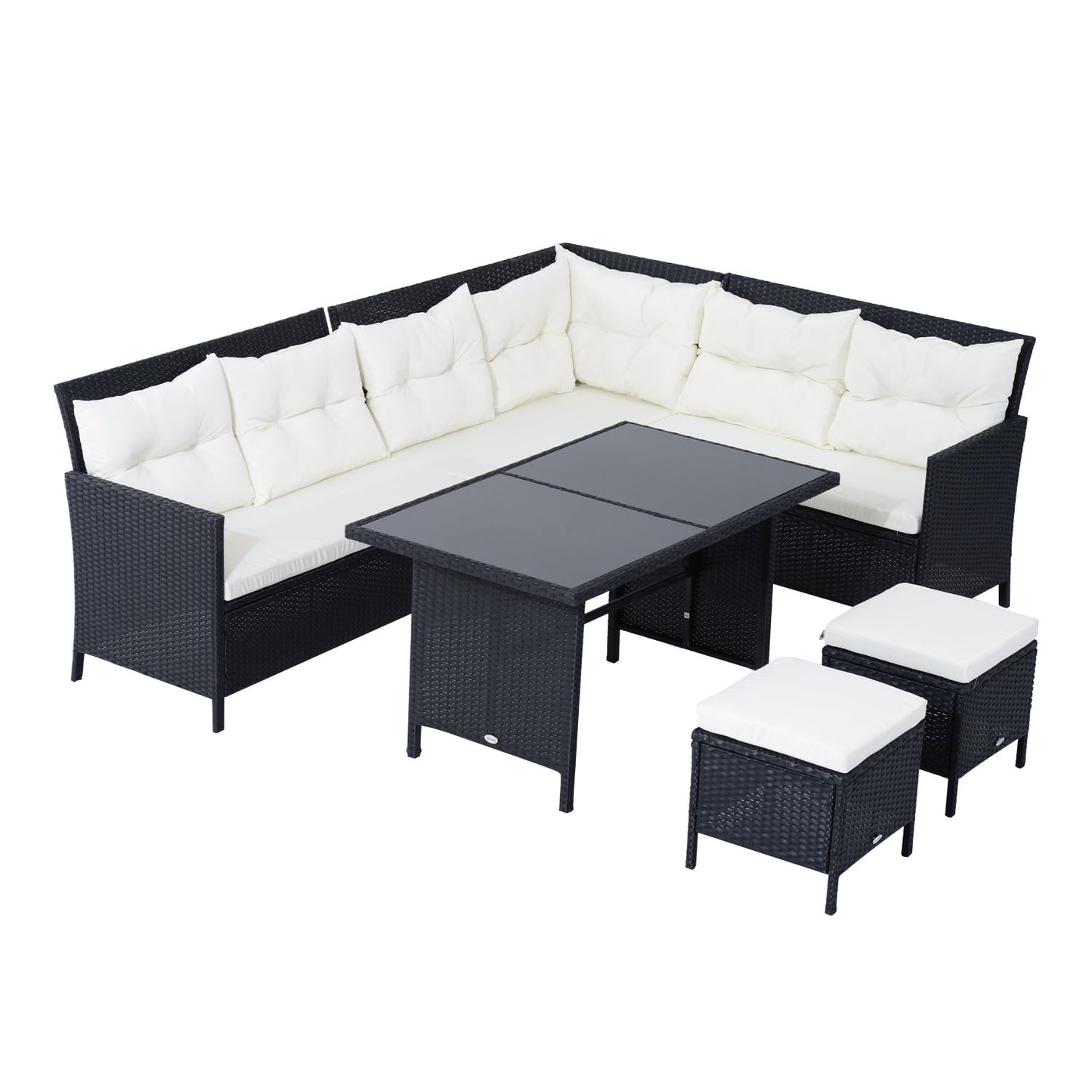 Outsunny 6pcs Outdoor Rattan Sofa Set Garden Wicker Sectional Couch Furniture Set with Dining Table and Chair White