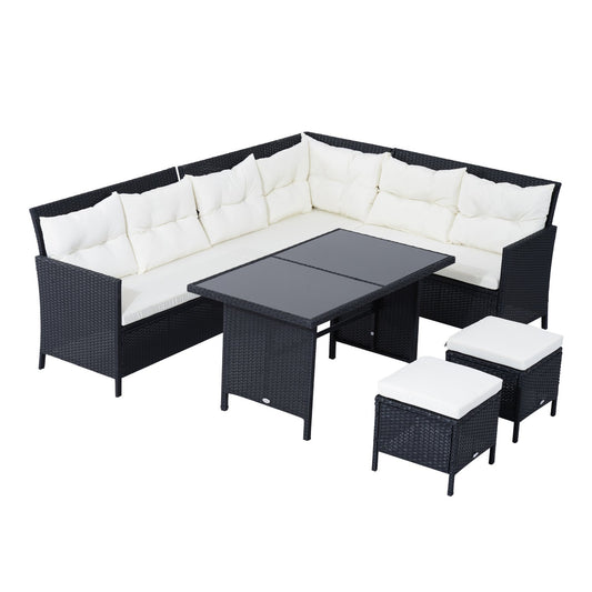 Outsunny 6pcs Outdoor Rattan Sofa Set Garden Wicker Sectional Couch Furniture Set with Dining Table and Chair White