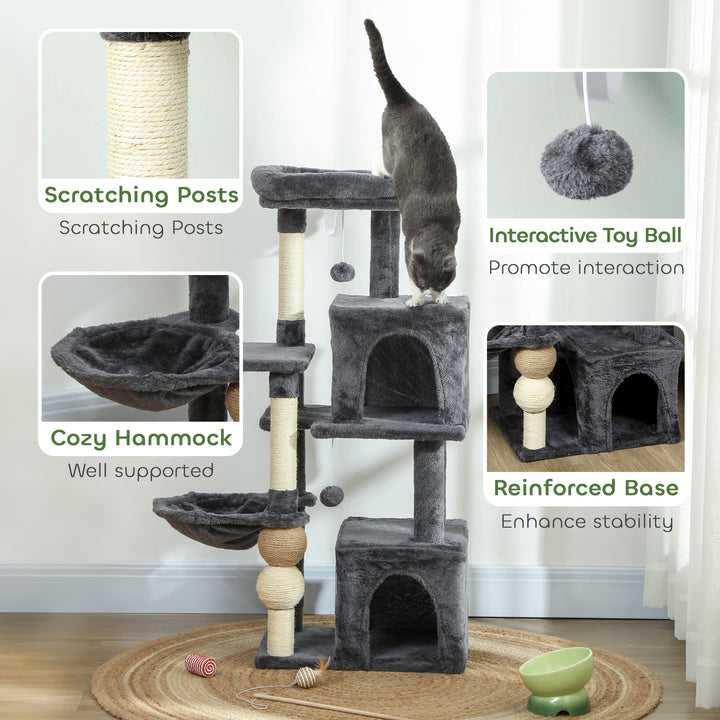 PawHut Cat Tower, 42" Multi-Level Cat Tree with Padded Plush Perch, Hammock, 2 Door Condos, Scratching Posts, Toy Balls
