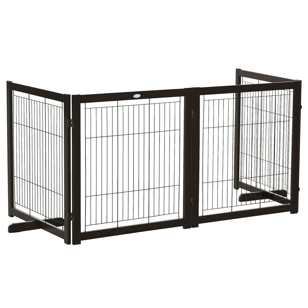 PawHut Wooden Dog Gate for Small & Medium Dogs 4 Panel w/ Support Feet Foldable Pet Fence for House Doorway Coffee