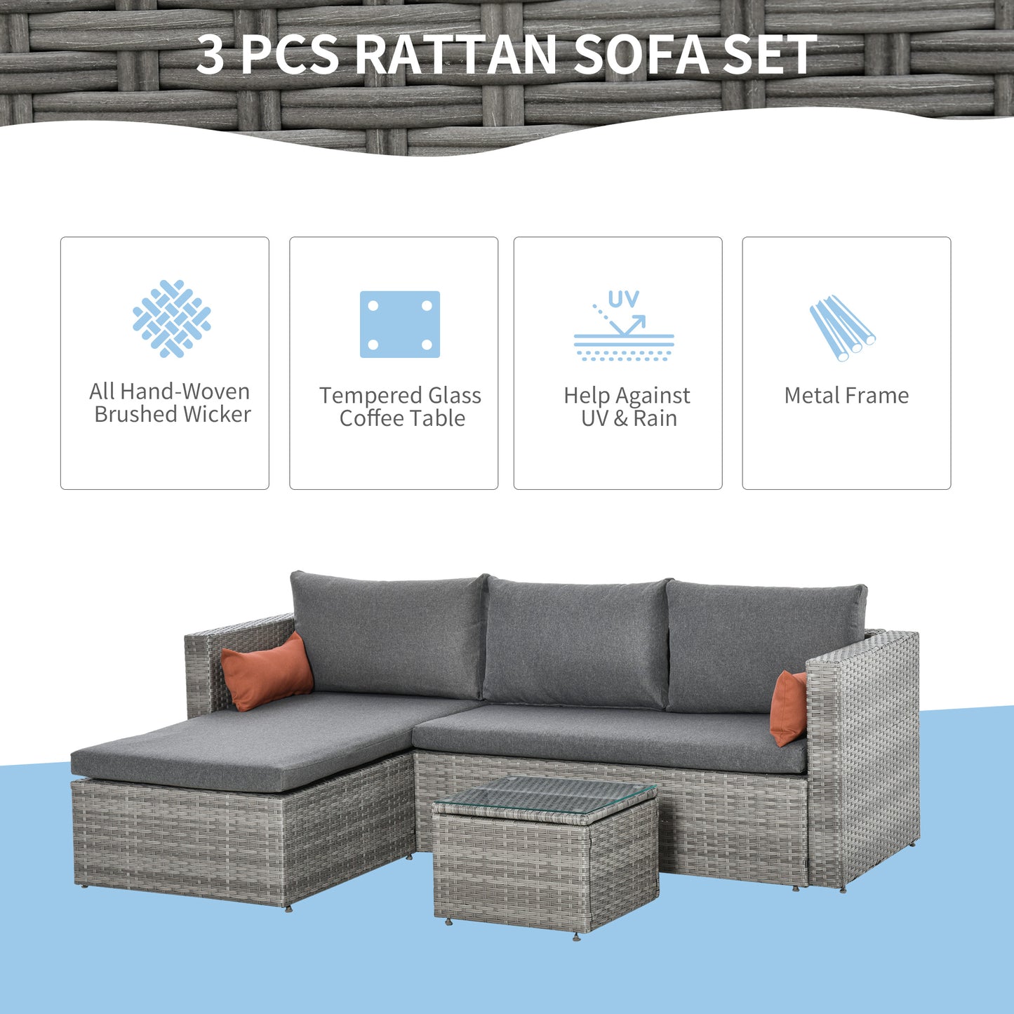 Outsunny 3-Piece Patio Furniture Set Modern Sectional Sofa Rattan Chair Wicker Conversation Set Outdoor Hand Woven Rattan Wicker Furniture Patio Coffee Table Sofa Set, Blue