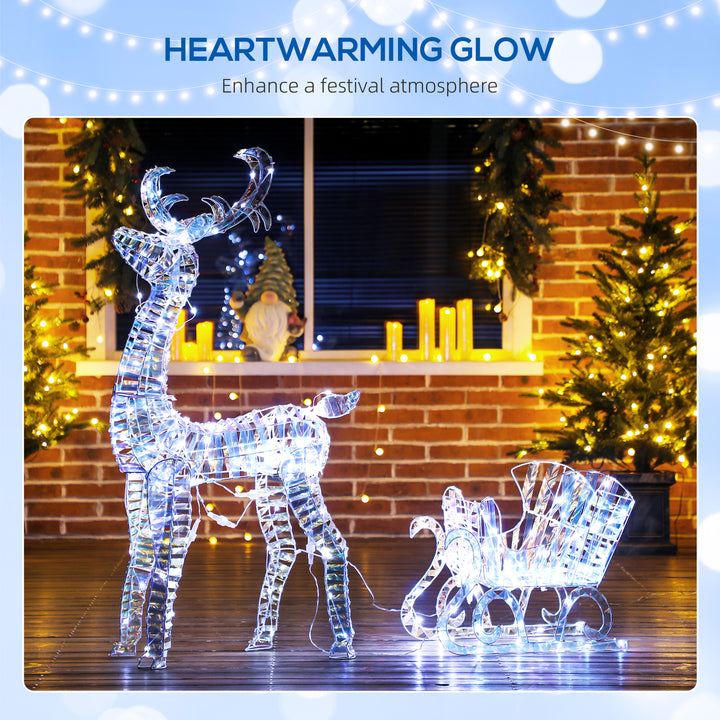 Outsunny Lighted Christmas Reindeer with Sleigh, Outdoor Reindeer with 170 LED Lights and Stakes, Holiday Decor, Silver