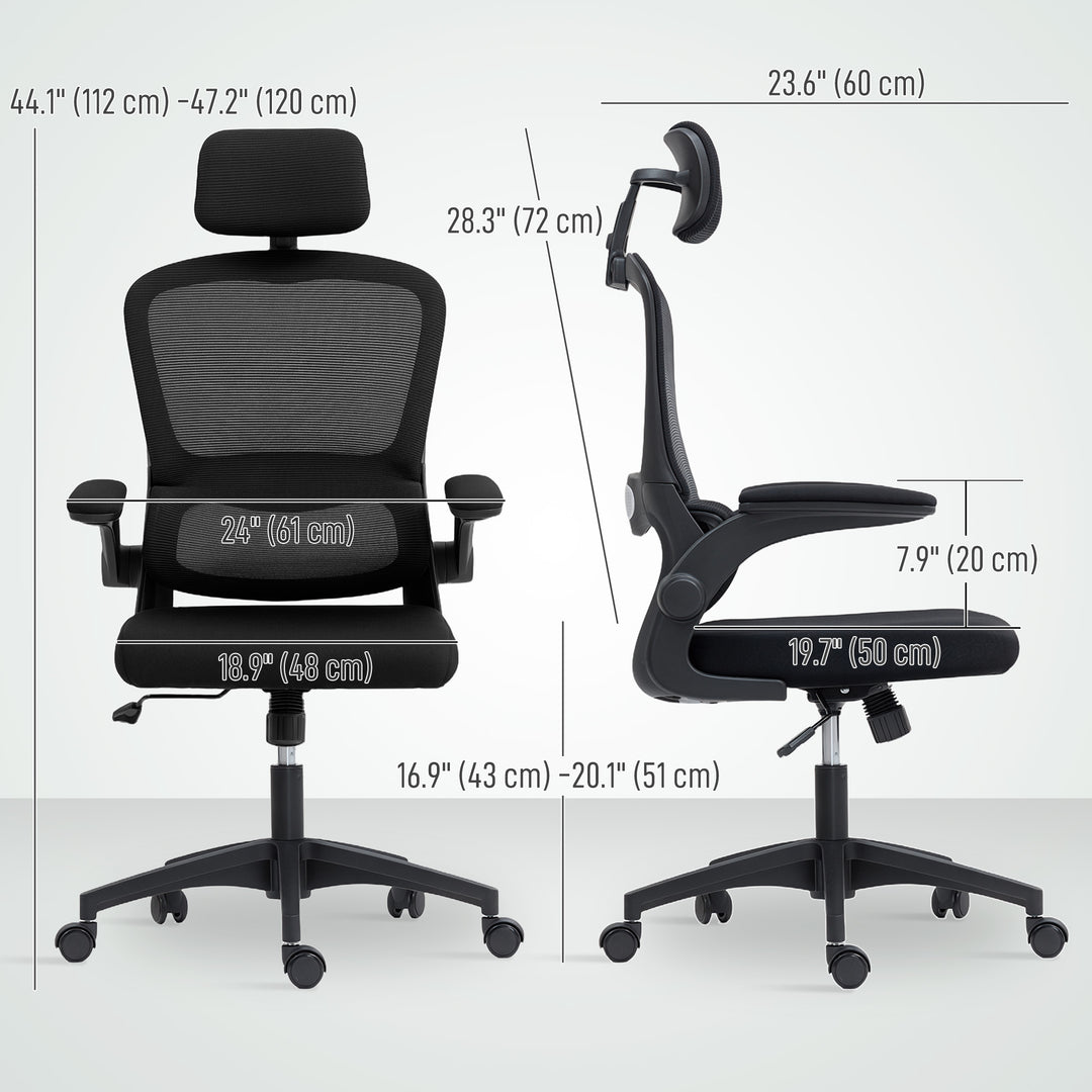 HOMCOM Ergonomic Mesh Office Chair, High Back Desk Chair with Rotatable Headrest, Flip-Up Armrests, Lumbar Support, Grey