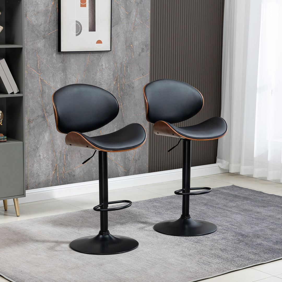 HOMCOM Bar Stools Set of 2, Modern PU Leather Adjustable Swivel Barstools with Curved Back, Footrest and Steel Base, Black