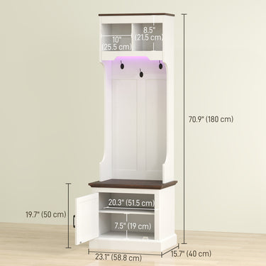 HOMCOM 3-in-1 Hall Tree with LED Lights and Bench, Coat Rack with Shoe Storage, White Wood Grain with Light