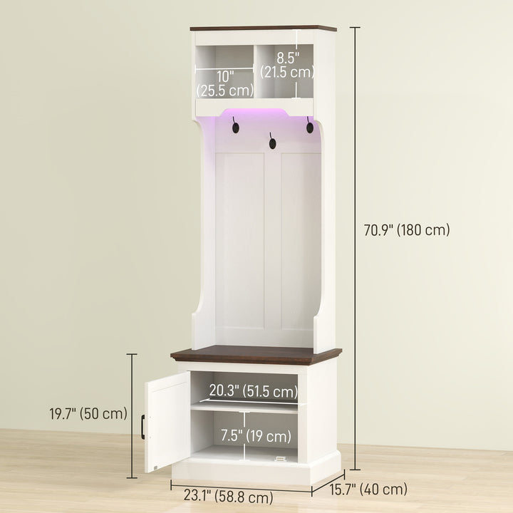 HOMCOM 3-in-1 Hall Tree with LED Lights and Bench, Coat Rack with Shoe Storage, White Wood Grain with Light